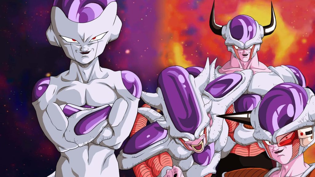 Frieza Dragon Ball Z wallpaper showing First to Final forms with glowing cosmic background