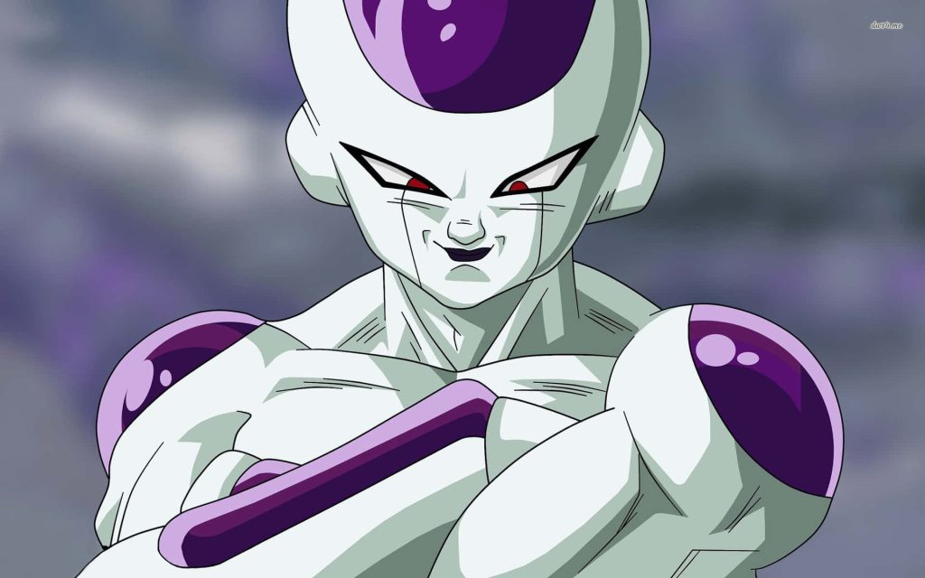 Close-up of menacing Frieza final form with sinister grin and crossed arms Dragon Ball Z wallpaper