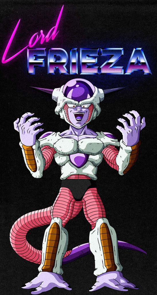 Frieza final form Dragon Ball Z wallpaper with retro neon synthwave 80s anime villain art