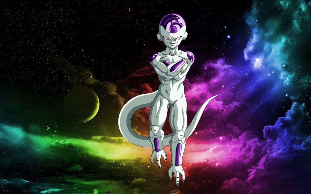 Frieza Final Form anime wallpaper floating in colorful nebula with distant planet background