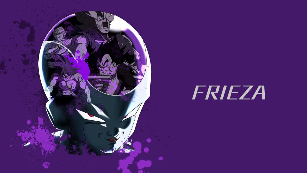 Frieza wallpaper with purple silhouette of Goku Vegeta and Piccolo in ink splatter anime style