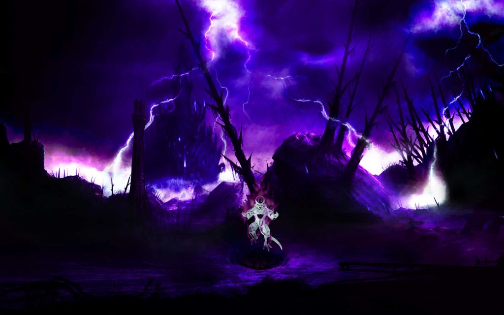 Frieza hovering over dark landscape with purple lightning intense Dragon Ball wallpaper background