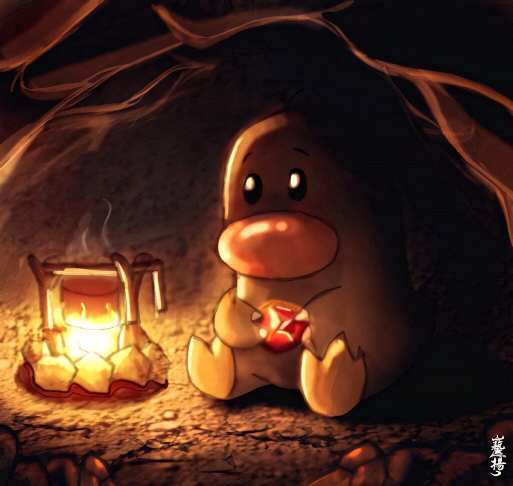 Frightened Diglett holding red stone inside dim cave lit by warm lantern glow wallpaper background