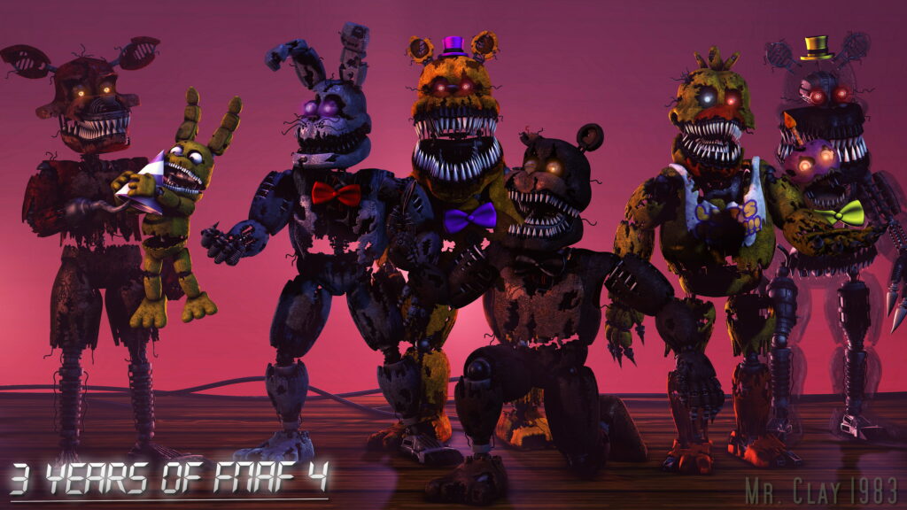 Five Nights at Freddy's 4 wallpaper with Nightmare animatronics on red wooden floor background