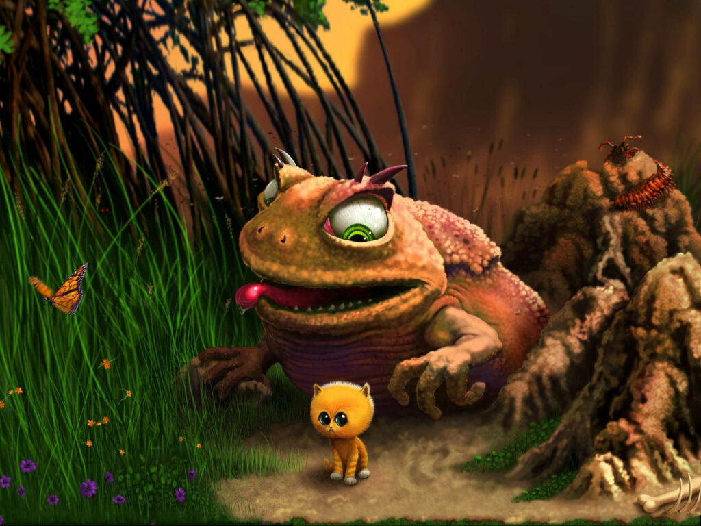 Frog and Cat Duo: A Colorful Adventure amidst Lush Greenery and Fluttering Insects Wallpaper