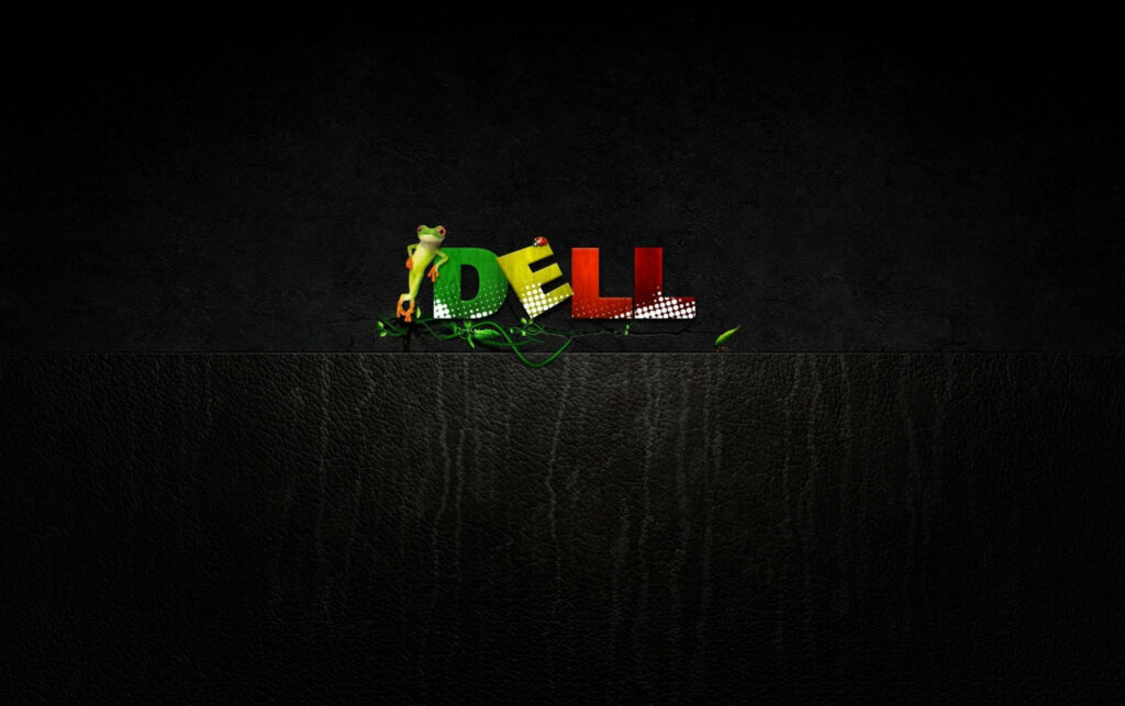 Nature's Collaboration: A whimsical Dell laptop logo adorned with a friendly frog, ladybug, and vine motif on dark backdrop Wallpaper
