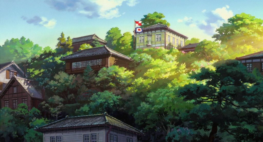 Coquelicot Manor on lush hill bathed in warm golden-hour light from Up on Poppy Hill wallpaper
