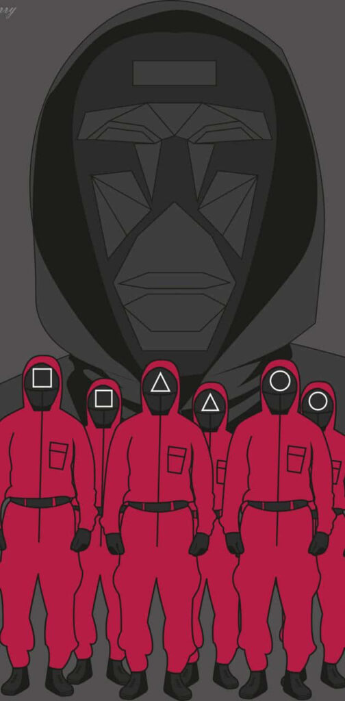Front Man Enveloping Squid Game Guardians in a Striking Poster Wallpaper