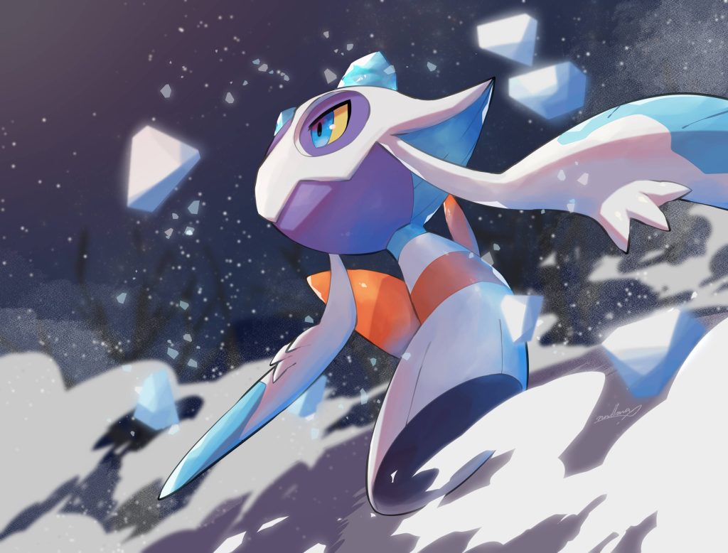 Froslass in icy blizzard low-angle digital art with floating ice shards cool blue tones wallpaper