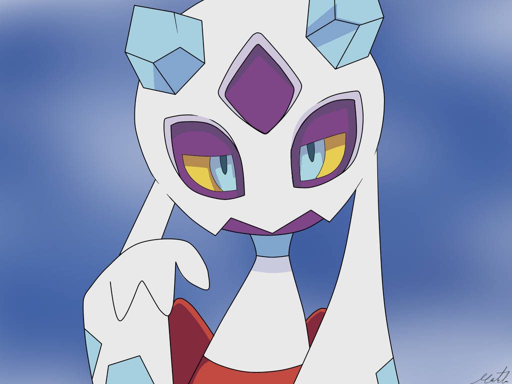 Close-up digital art of Froslass Ice Ghost Pokémon with icy crystals and yellow eyes on blue Wallpaper