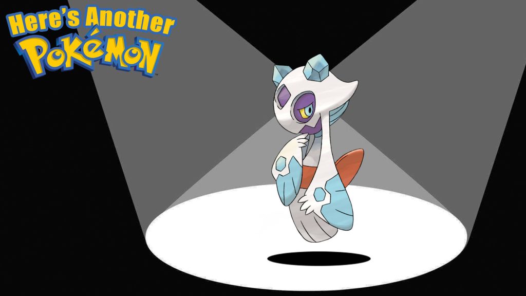 Froslass Ice Ghost Pokémon highlighted by spotlight on black background with logo wallpaper