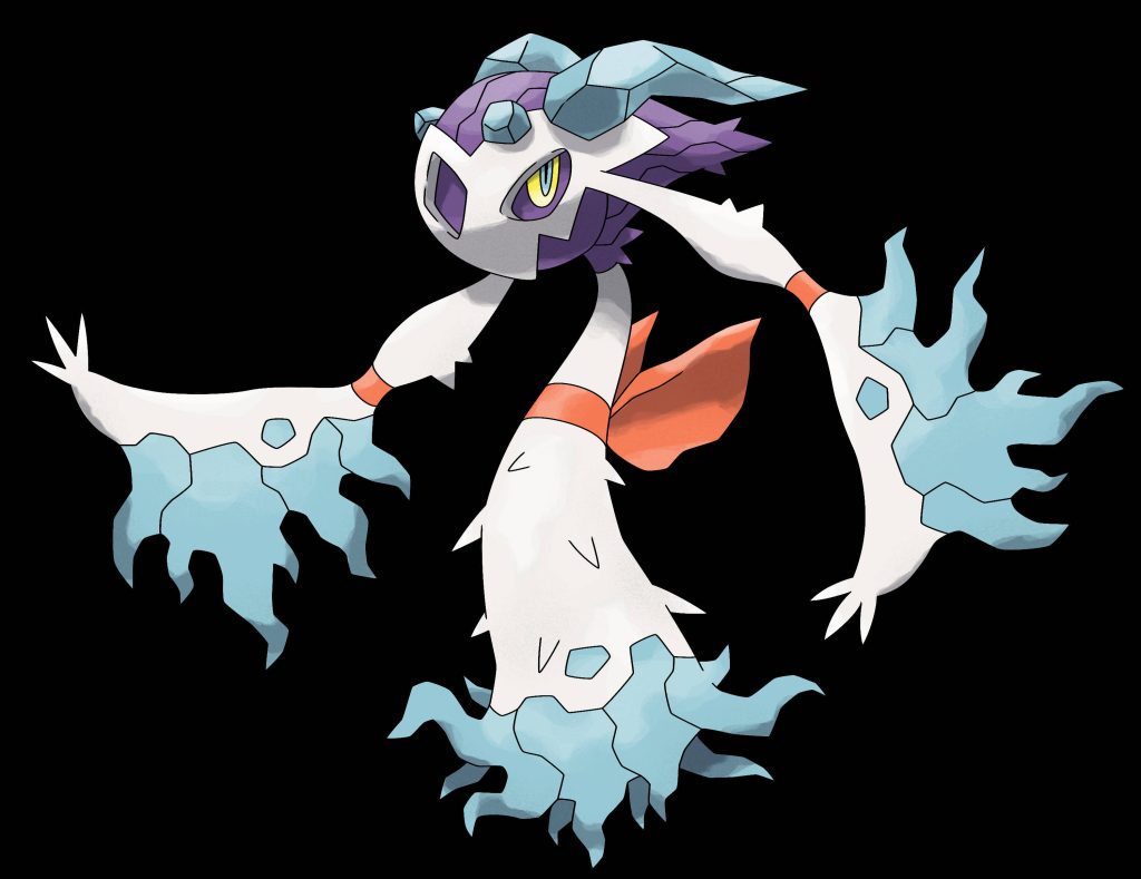 Froslass-inspired Pokémon variant with white body purple crest and blue ice spikes on black background Wallpaper