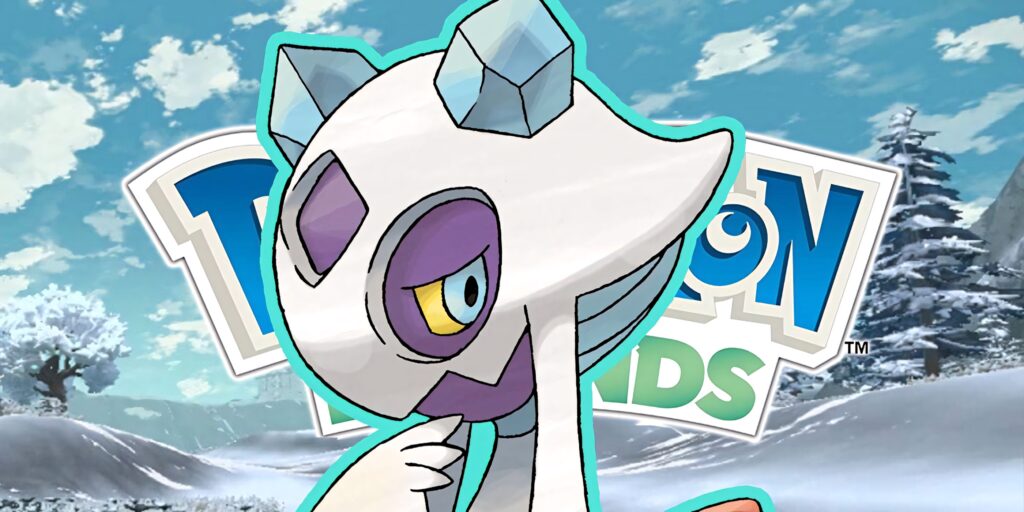 Froslass in snowy field with mystical aura and Pokémon Legends logo wintry wallpaper background