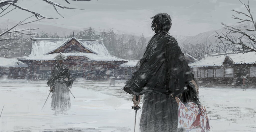 Frozen Battle: Majestic Samurai Warrior Amidst a Winter Landscape Wallpaper