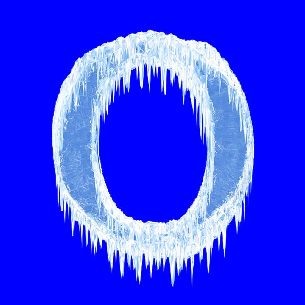3D frosted ice letter O with icicles on vibrant blue winter-themed wallpaper background