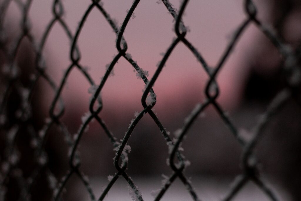 Frosted Metal Mesh Fence: Close-Up Wallpaper with Ice Crystals