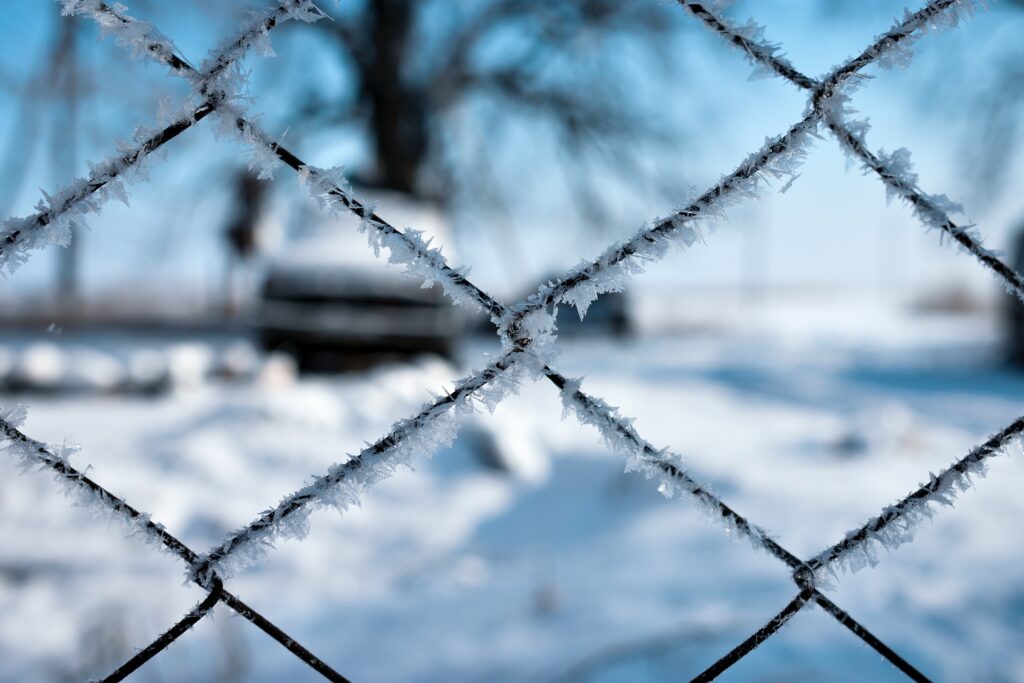 Frosted Metal Mesh Fence with Ice Crystals - Winter Wallpaper