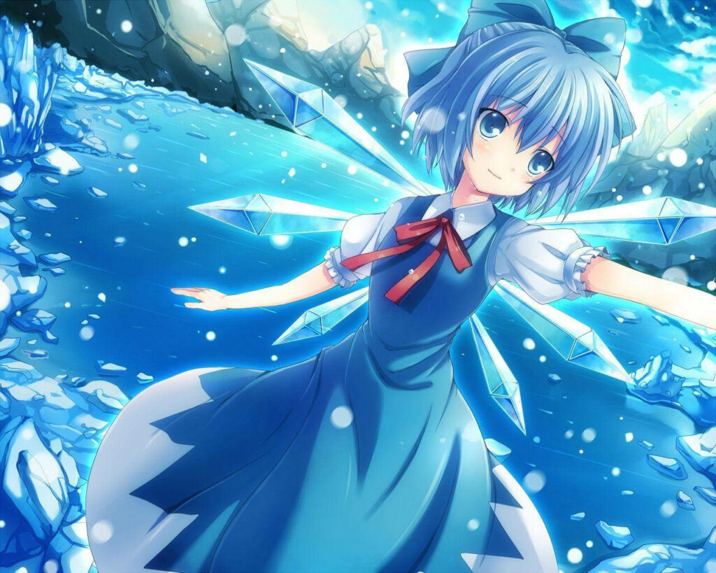 Cirno's Frozen Wonderlands: A Breathtaking Touhou Artwork of the Adorable Ice Fairy amidst Sparkling Ice Crystals Wallpaper