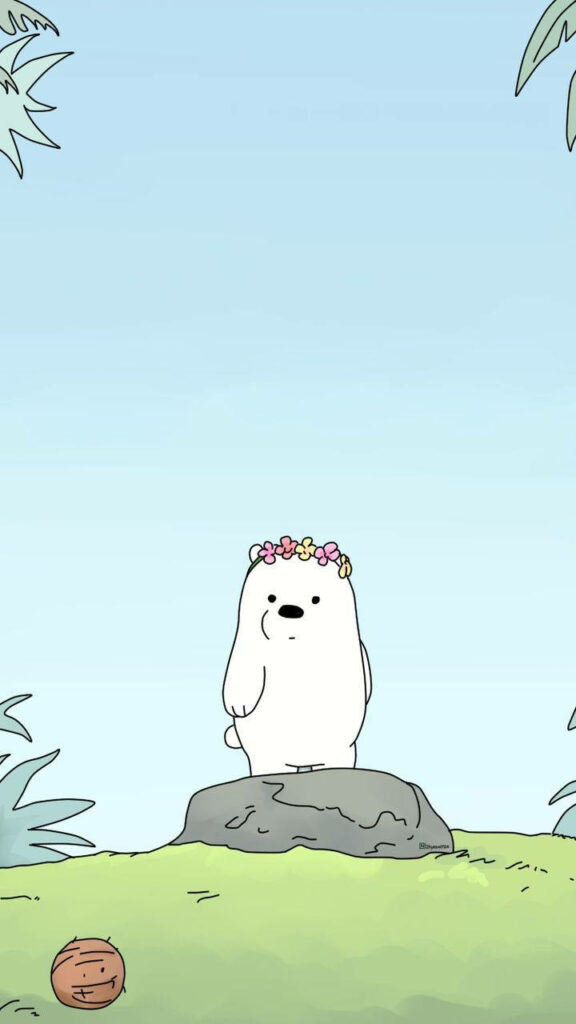 Majestic Ice Bear Cartoon Surrounded by Nature's Delight: A Colorful Floral Crown adorns the Adorable Creature, Standing Strong on a Towering Rock Wallpaper