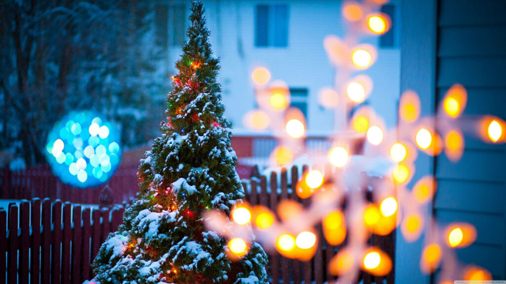 Winter Wonderland: Captivating 4K Ultra HD Christmas Wallpaper showcasing a Snow-kissed Tree with Colorful Snowflakes