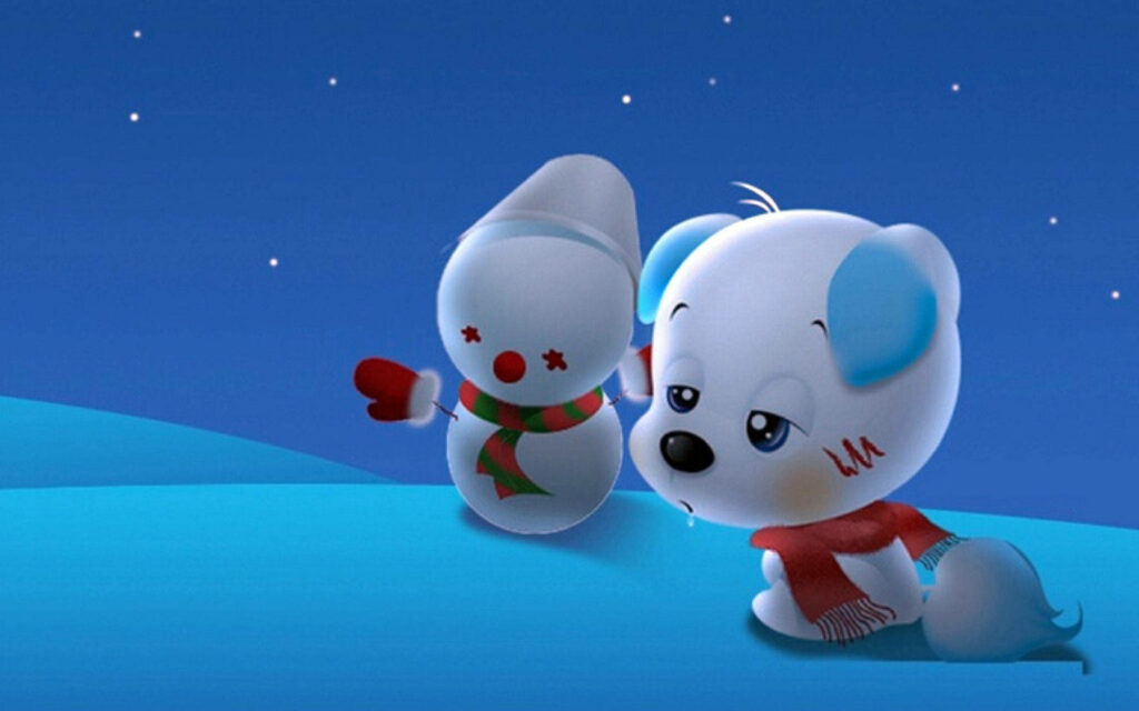 Frosty Friends: A Wintery Night with a 3D Cartoon Dog and Snowman Wallpaper