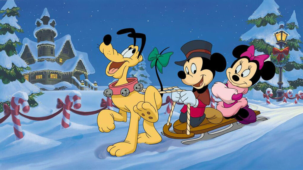 Joyful Disney Trio: Pluto, Mickey and Minnie Enjoying a Winter Ride Wallpaper