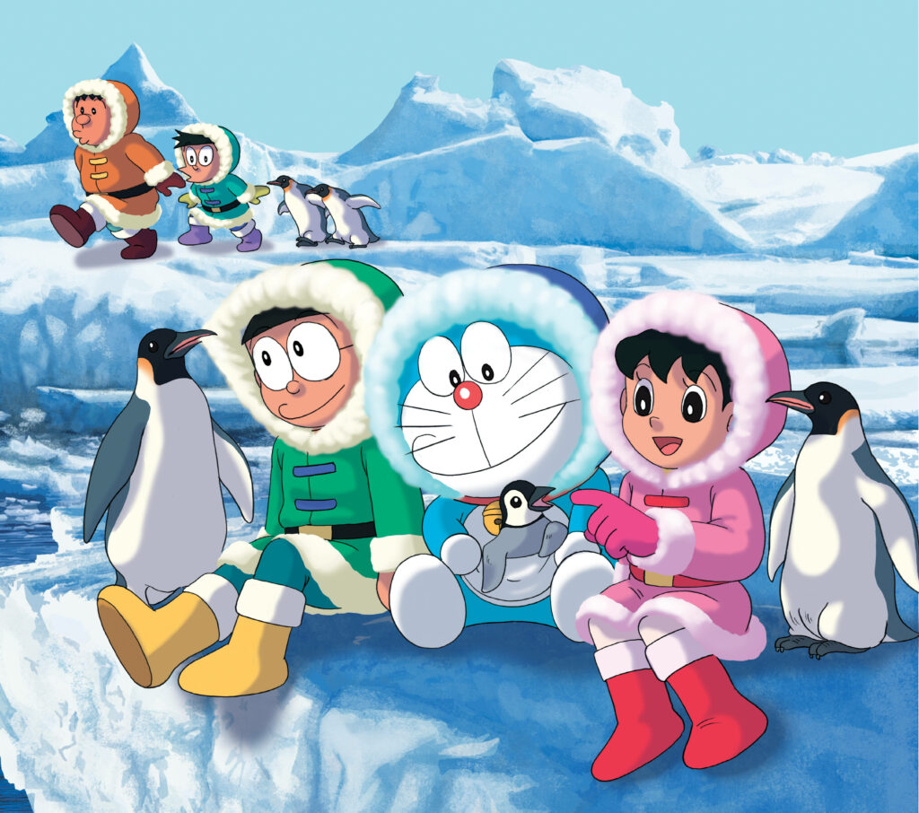 Winter Wonder Playtime: Doraemon and Friends Pals around with Adorable Penguins in Arctic Wallpaper