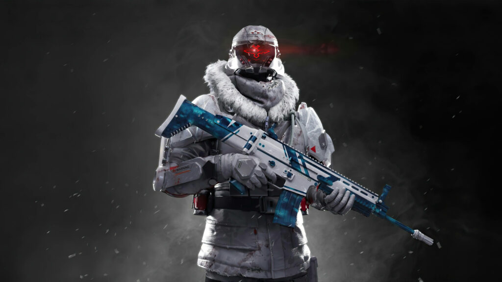 A Glimpse of Winter Skin in Garena Free Fire 2020 - Wallpaper of a Free Fire Character in Winter Outfit Holding a Gun Amidst Dark Background Photo