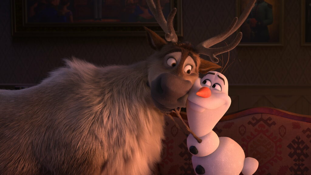 Olaf and Sven 3D CGI wallpaper from Frozen 2 warm cozy interior lighting Arendelle background