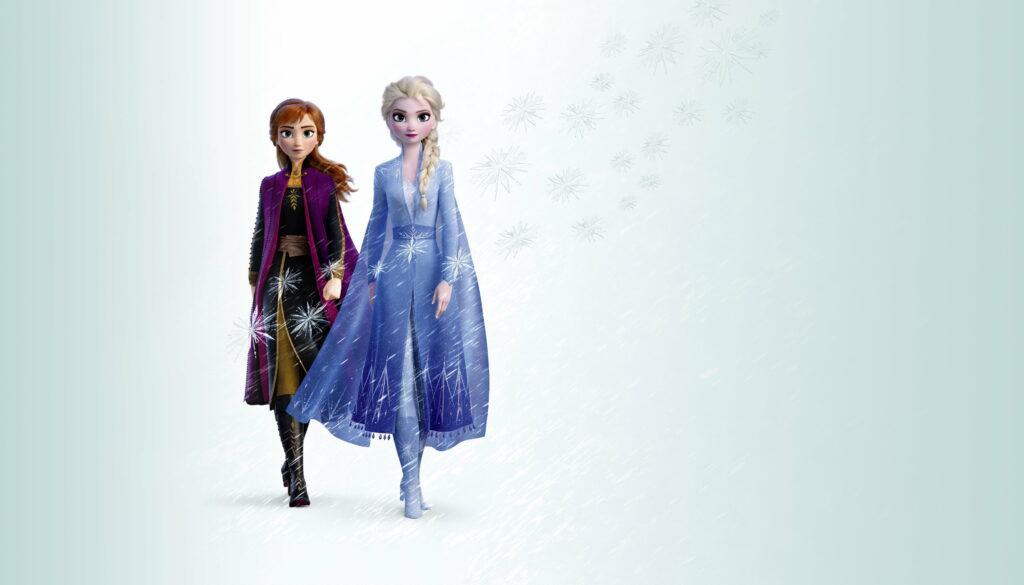 Frozen 2 CGI wallpaper Anna and Elsa united in winter scene Elsa crowns snowflakes ice gown