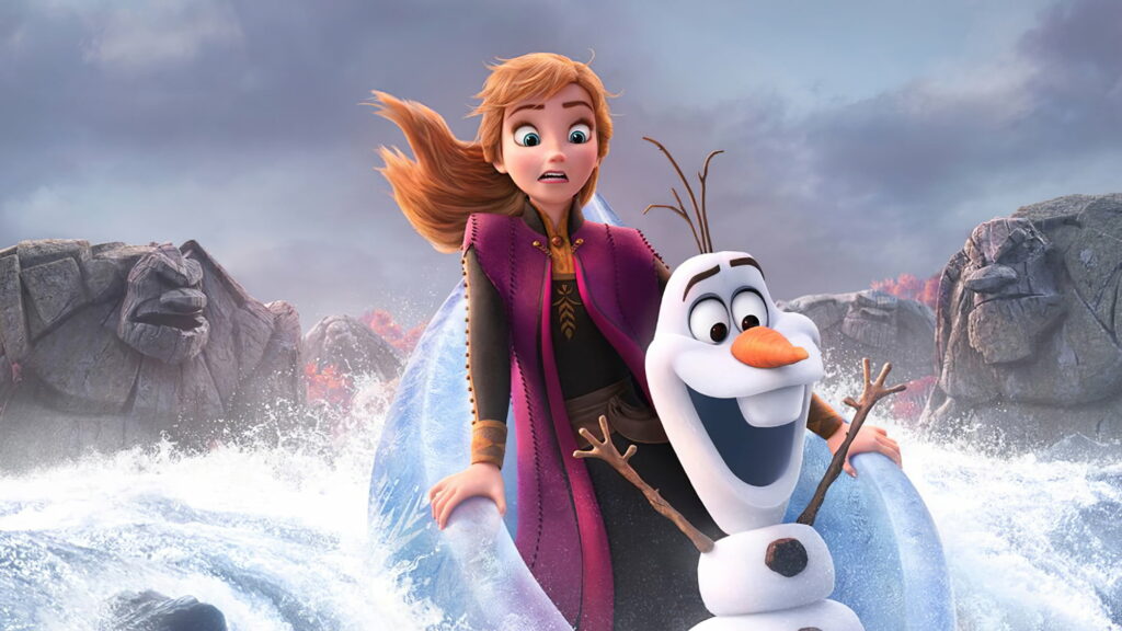 Frozen 2 CGI wallpaper Anna and Olaf race on ice sculpture with dramatic rocky background