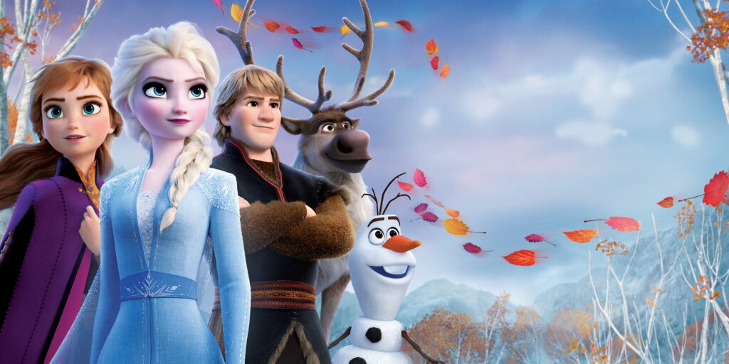 Frozen 2 wallpaper featuring Anna Elsa Kristoff Sven and Olaf in enchanted autumn forest