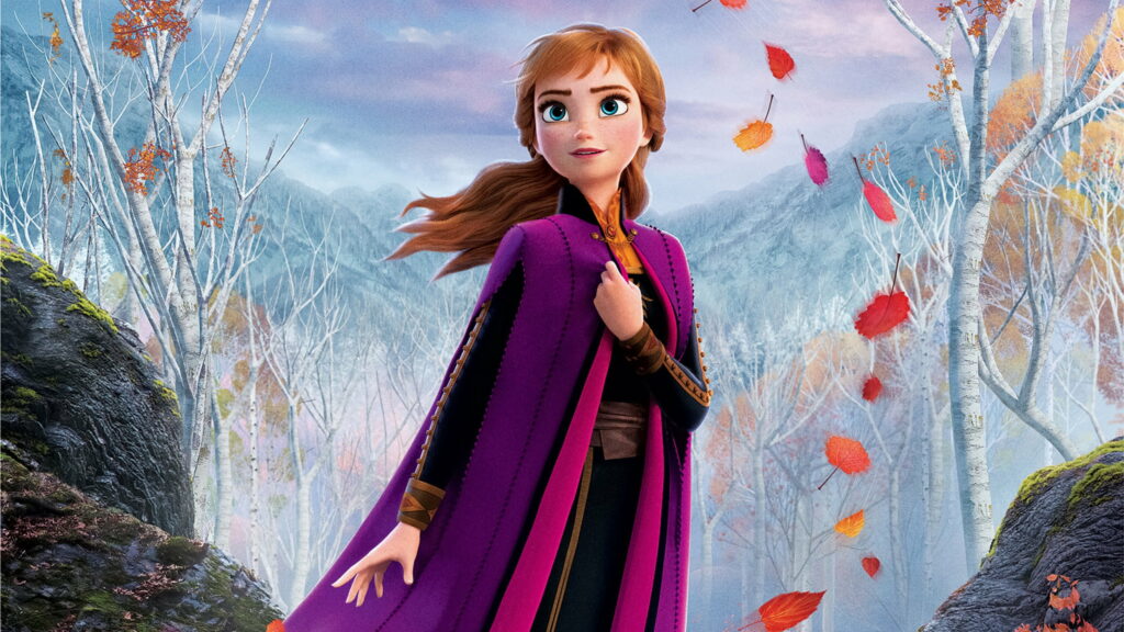 Princess Anna from Frozen 2 in autumn forest with purple cloak and colorful swirling leaves wallpaper