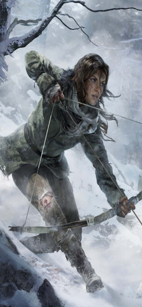 Fierce Adventurer Defies Snowy Perils: Rise of the Tomb Raider Character wields Bow and Arrow amid Arctic Landscape Wallpaper