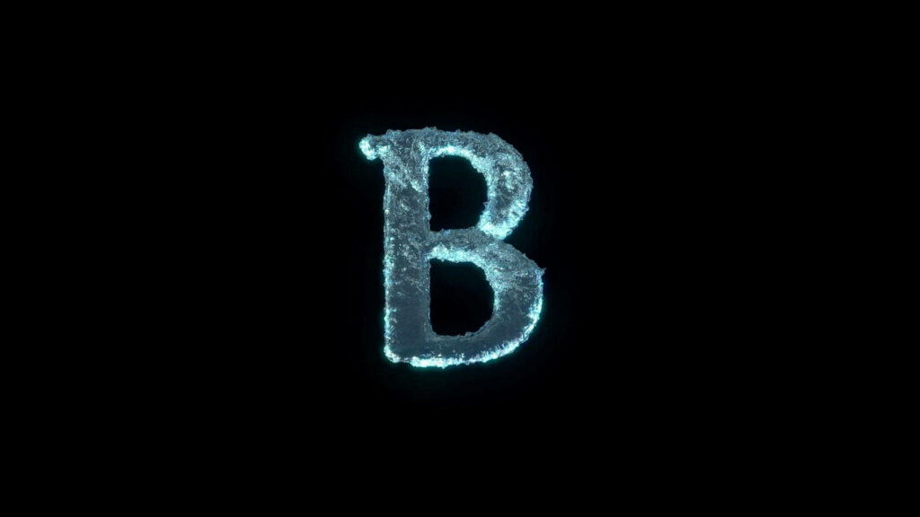 Frosted icy letter B glowing blue on black background frozen theme wallpaper design