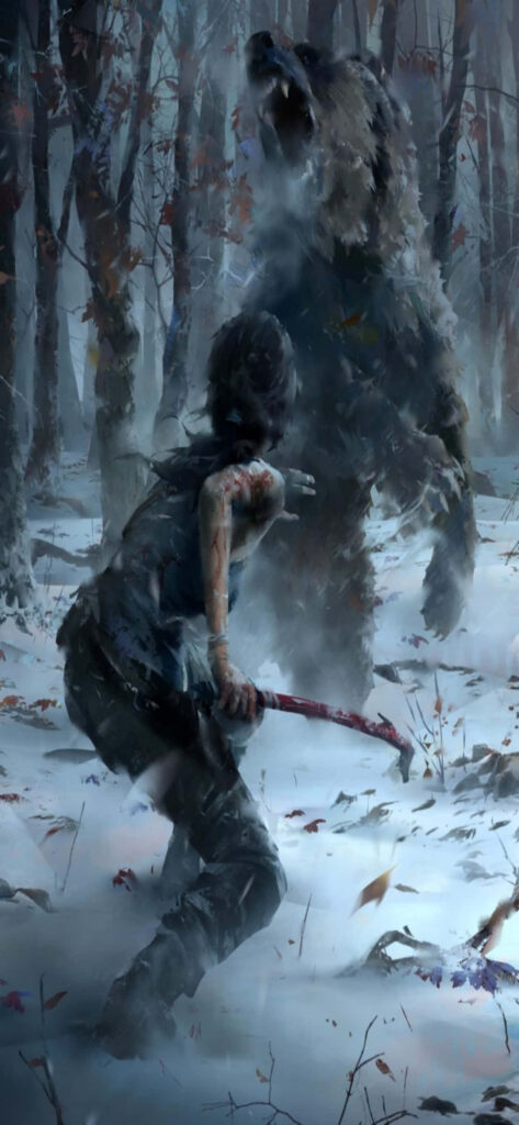 Fierce Heroine: Battling a Bear in the Icy Wilderness of Rise of the Tomb Raider Wallpaper