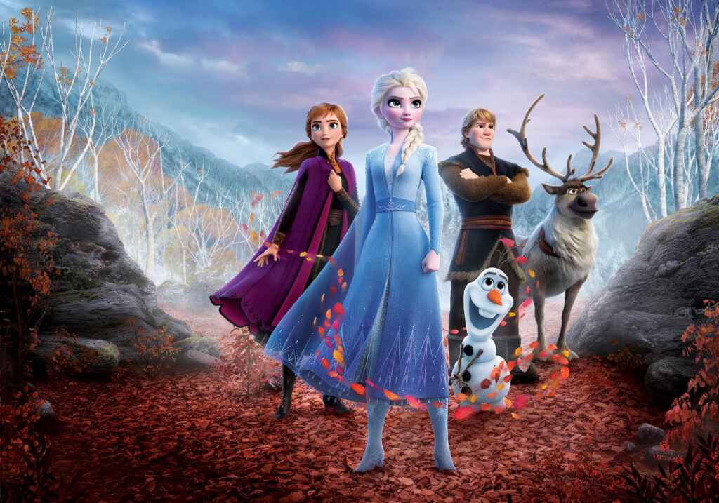 Frozen 2 wallpaper with Anna Elsa Kristoff Sven Olaf in autumn Enchanted Forest CGI scene