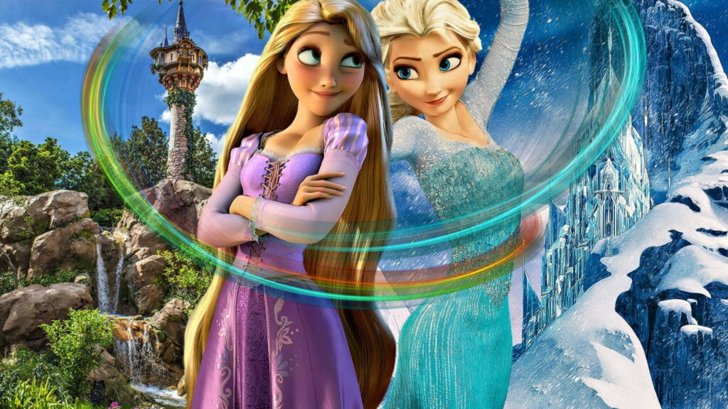Frozen Tangles: Enchanting Rapunzel and Elsa Showcase Wallpaper