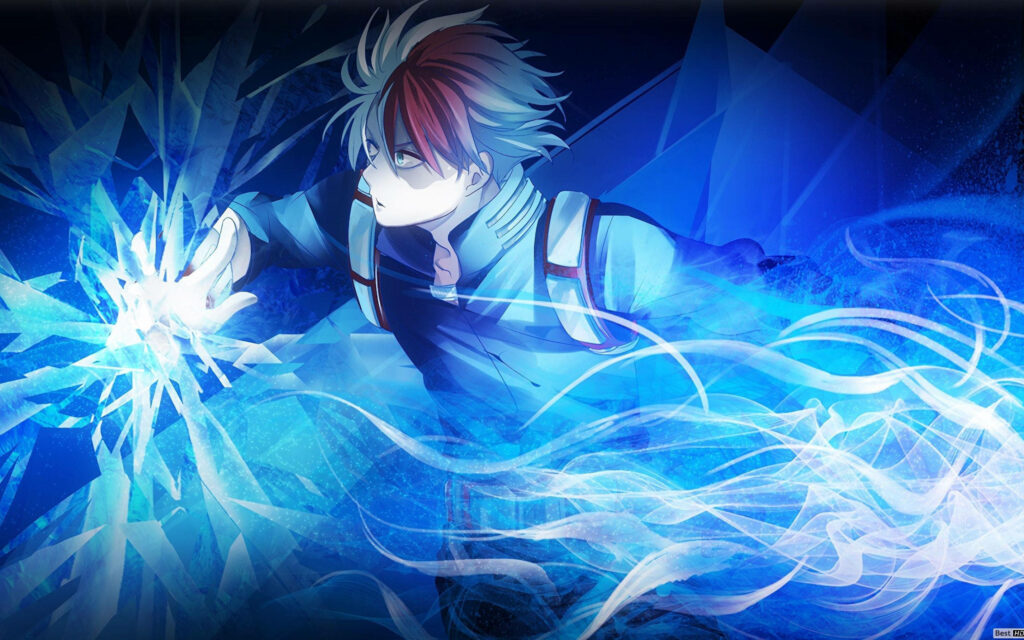 Chilling Beauty: Todoroki's Mesmerizing Blue Ice and Fiery Flames Captured in a Serene Aesthetic Wallpaper