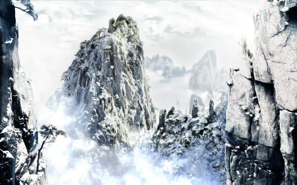 Frost-covered jagged rocks and icy branches in a serene winter landscape wallpaper background