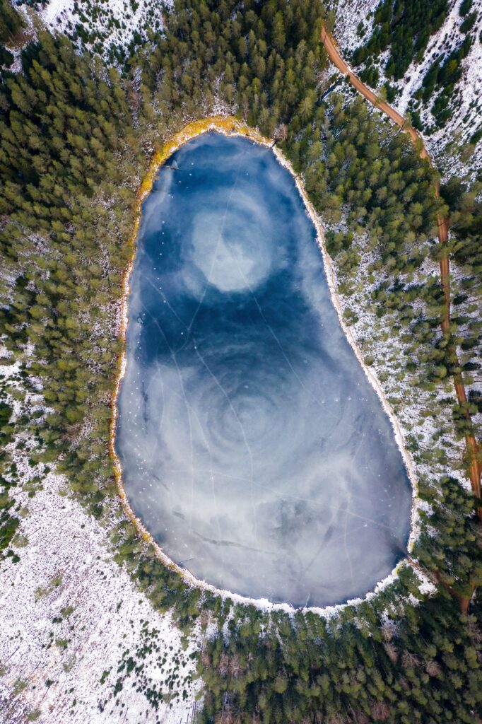 Aerial view of frozen lake with frost patterns surrounded by dense evergreen forest in winter Wallpaper