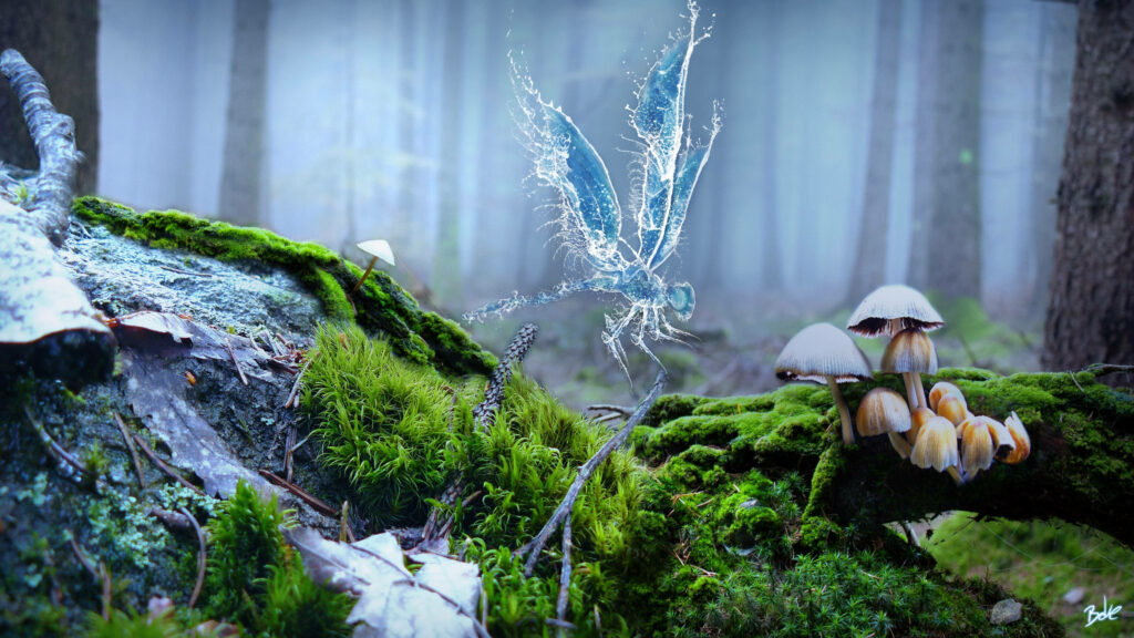 Mystical Encounter: Enchanting Dragonfly Trapped in Ice Amidst a Misty Forest Wallpaper