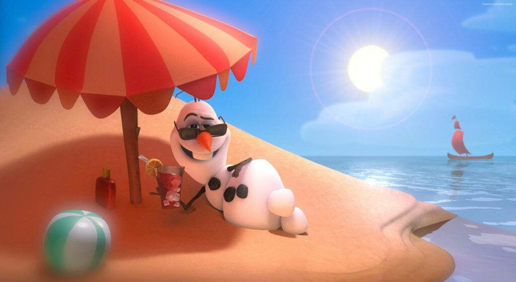 Frosty's Beach Getaway: A Playful Snowman Enjoying Summer Delights in Animated Frozen Bliss - Vibrant Desktop Wallpaper