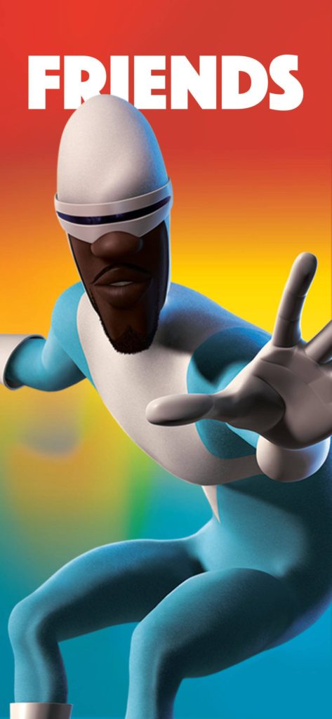 Frozone from The Incredibles colorful 3D CGI wallpaper with vibrant gradient and FRIENDS text