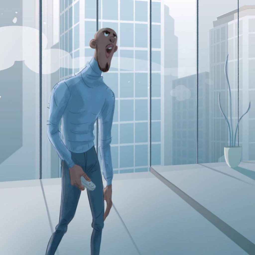 Frozone from The Incredibles with remote in blue minimalist high-rise digital wallpaper background