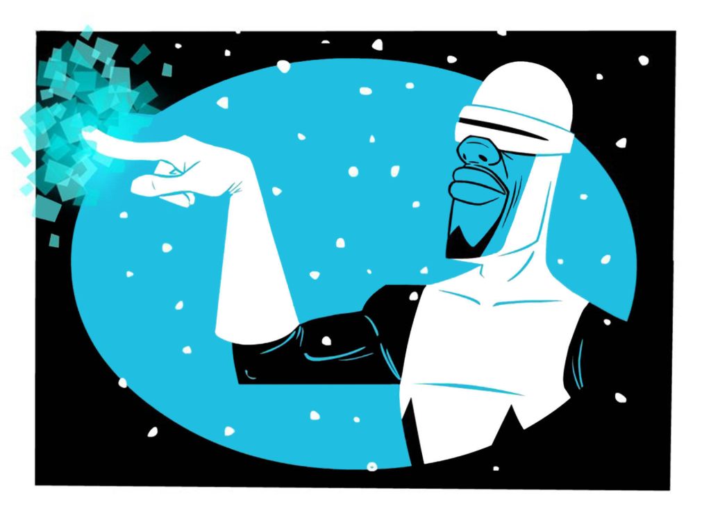 Minimalist vector of Frozone from The Incredibles conjuring ice in black white cyan wallpaper