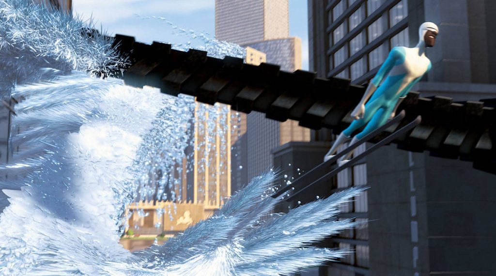 Pixar Frozone superhero in blue suit glides on icy trail through vibrant modern city 3D CGI wallpaper