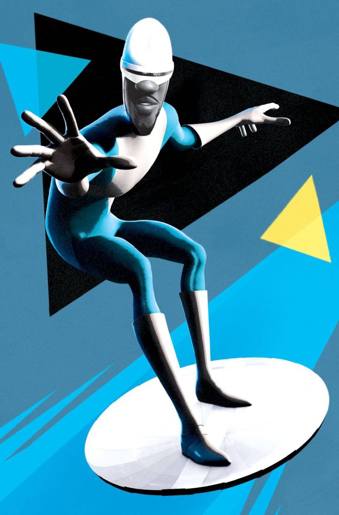 Frozone from The Incredibles surfing on ice with colorful geometric digital art wallpaper background