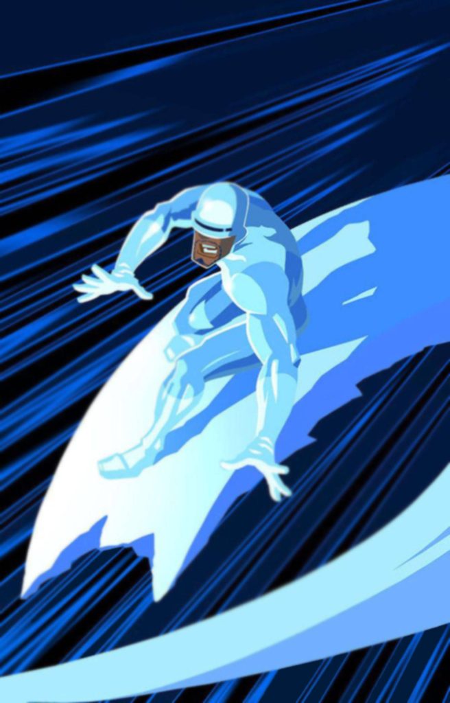 Frozone from The Incredibles gliding on ice trail in vibrant blue animated wallpaper background