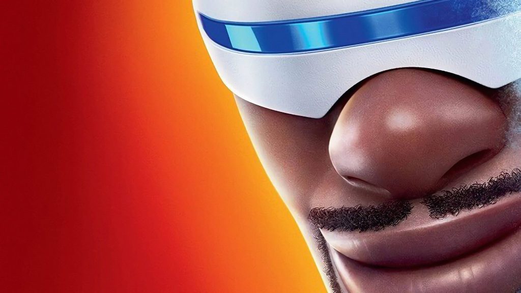 Frozone Incredibles close-up CGI wallpaper with goggles mustache vibrant red orange background